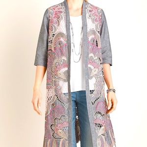 New With Tags. Chico’s Embroidered Scalloped-Hem Kimono Duster